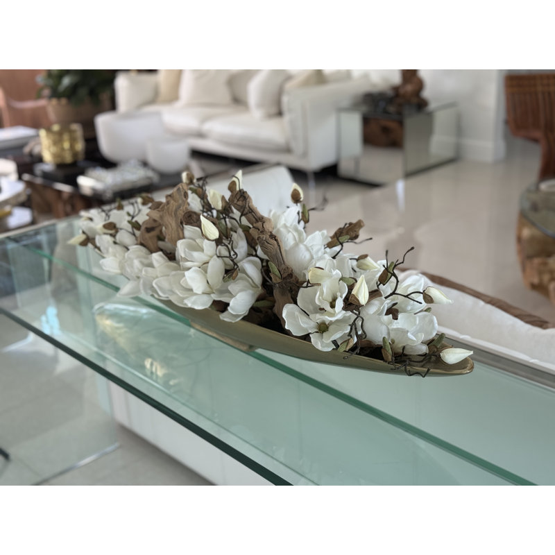 Driftwood and Denver Boat Magnolia Centerpiece, 8" H x 40" W x 5" D, Gold