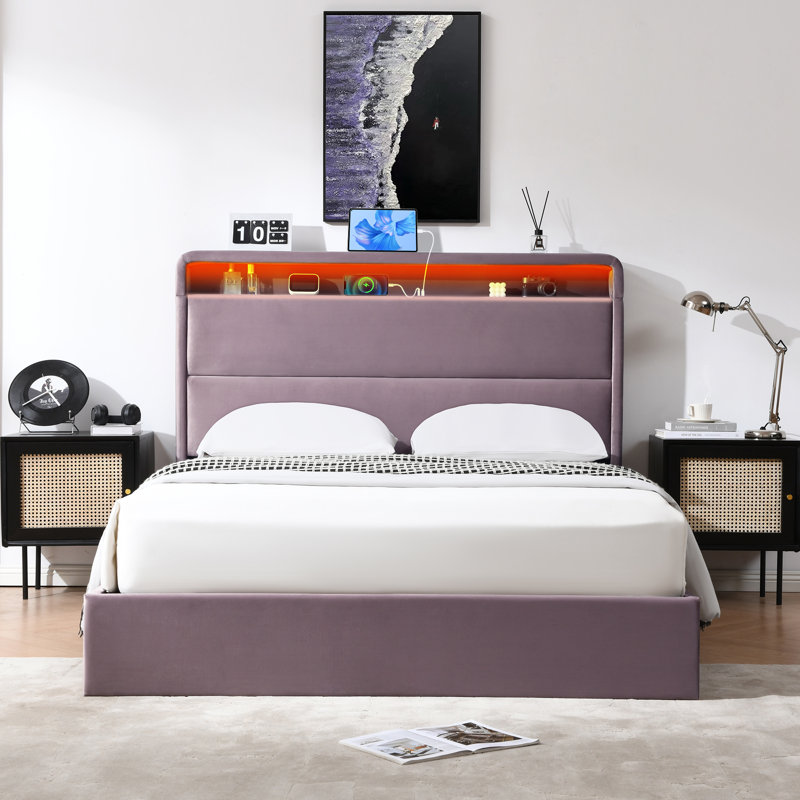 Lit plateforme tapissier avec rangement Braya, Grand, Mauve pâle 