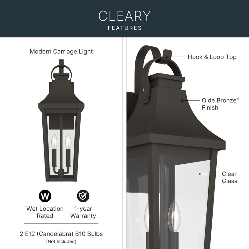 Cleary 24" 2-Light Outdoor Wall Light with Clear Glass in Olde Bronze, Bronze, 24" H x 8.5" W x 9.5" D