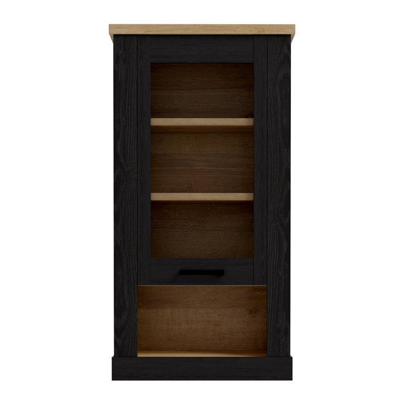 Modern Farmhouse Style Wall Hanging Shelf, 1 Glass Door, Engineered Wood, Black Oak/Light Oak Decor, 71.2 cm W x 136.5 cm H x 24.4 cm D