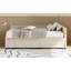 Lit plateforme simple tapissier en forme de L avec rangement et tiroirs, beige