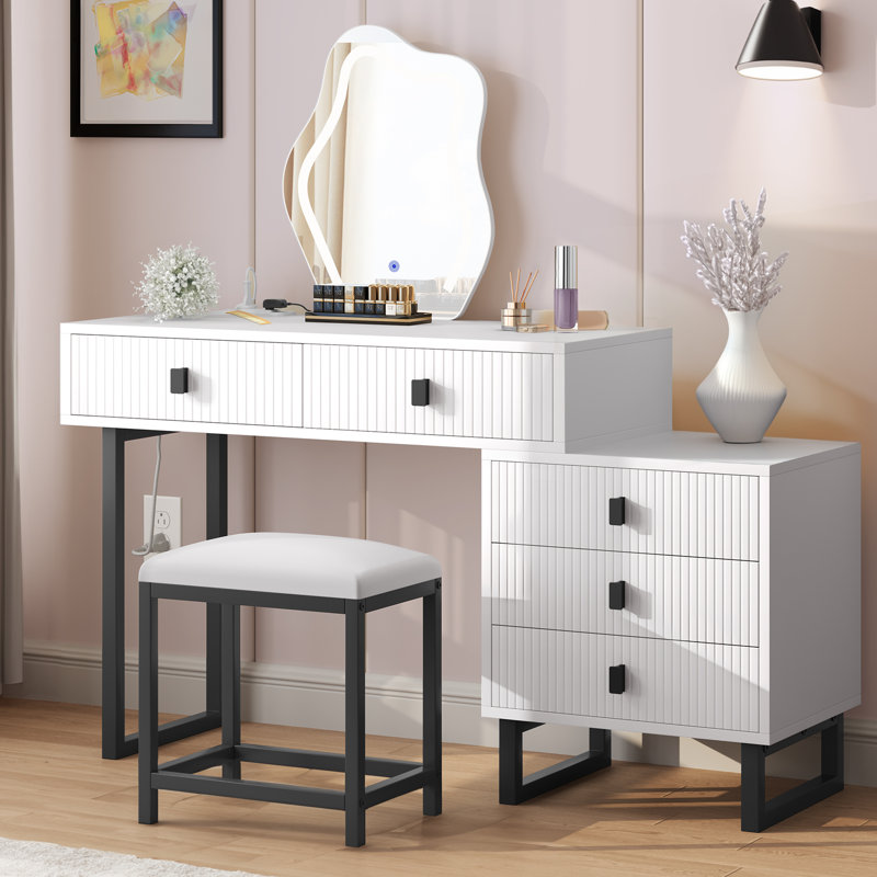 Coiffeuse en nuage extensible avec miroir lumineux et tabouret, Noir, noir, noir, noir