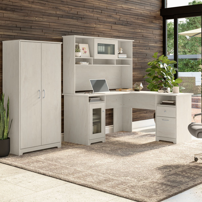 Ensemble de bureau d'ordinateur en L 3 pièces avec rehausse Katia, Chêne blanc lin