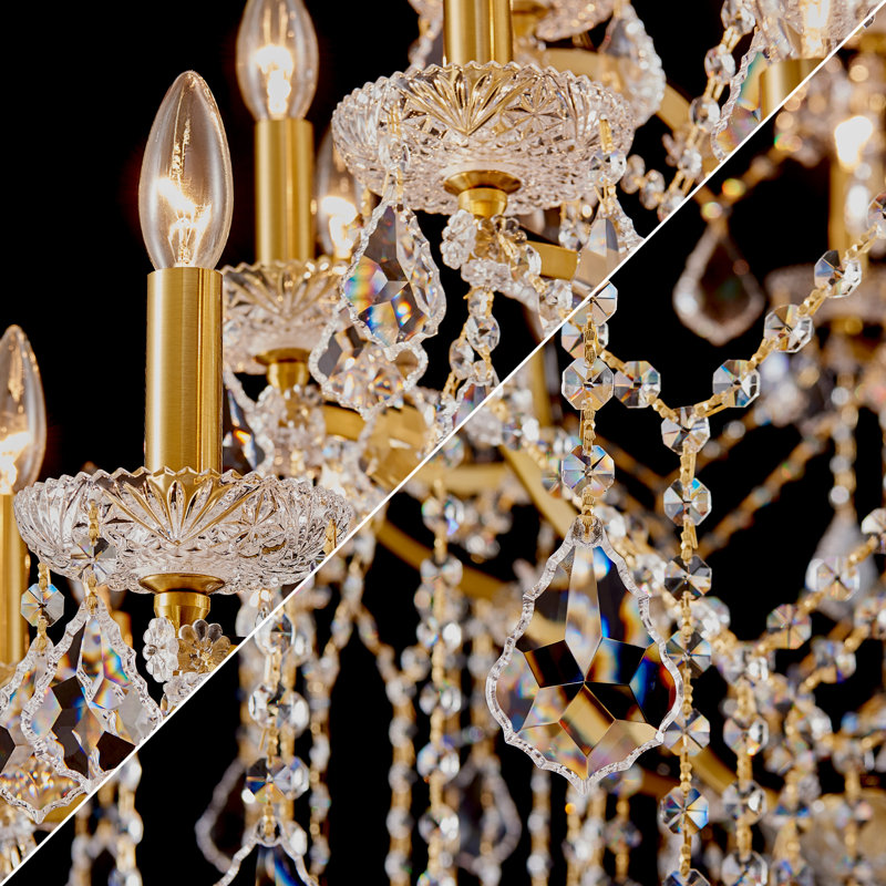 42-Light Crystal Dimmable Chandelier for High Ceilings, Antique Brass