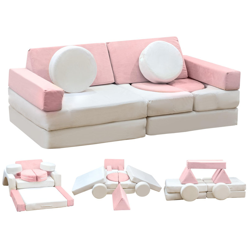 Ensemble de canapé convertible 13 pièces pour enfants | Canapé modulaire lavable en mousse avec housses en velours, Rose