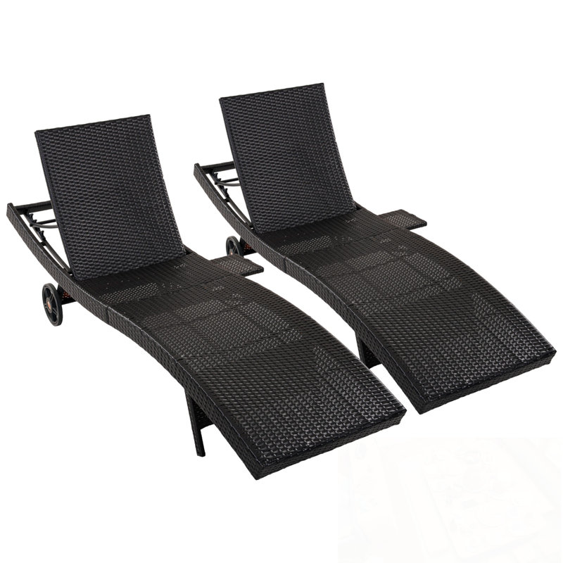 Ensemble de 2 chaises longues en osier de patio avec roulettes et table d'appoint, Noir et brun