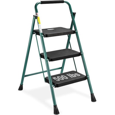 WFX Utility™ 3 Step Ladder, Folding Step Stool With Wide Anti-slip Pedal Handgrip, Lightweight, Portable, Green And Black