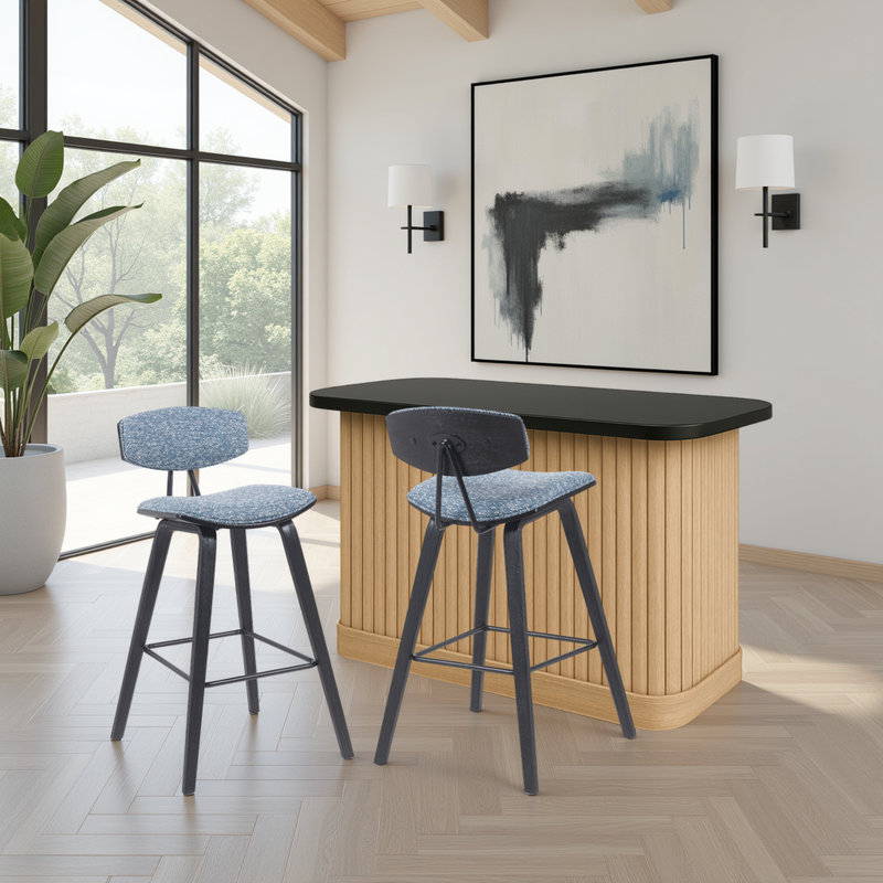 Tabouret de bar ou de comptoir moderne Bilgin Payton avec assise rembourrée et structure en bois, Noir, Blue, 2