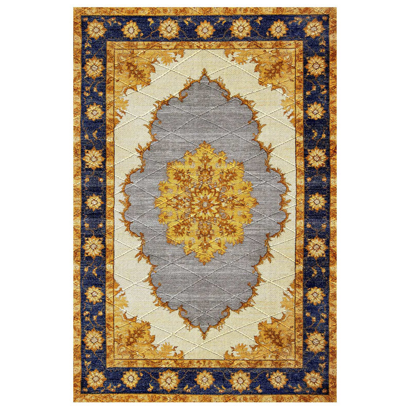 Girvin Yellow Oriental Machine Printed Cotton Polyester Area Rug, Runner 3'4" x 14'10"
