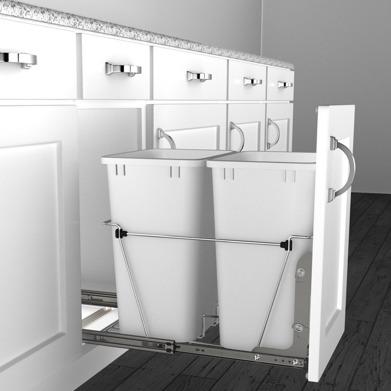 Rev-A-Shelf Double Pull Out Trash Can 35 Qt for Kitchen, 35 quart, White