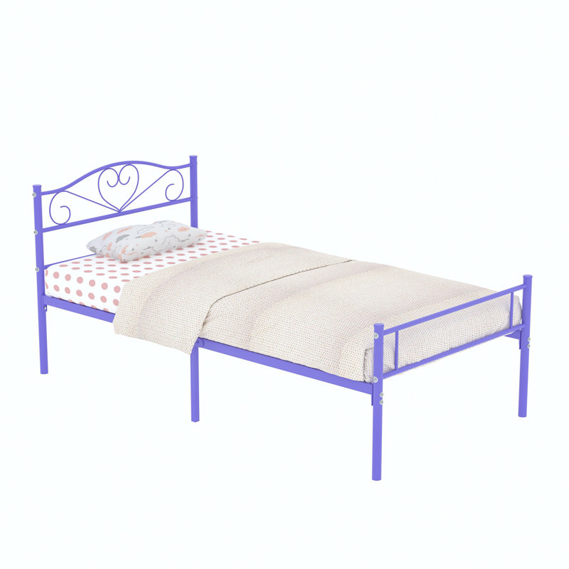 Embourg 2 Set Bed Frame, 2-Piece Metal Platform Bed Frame Set, Twin Size Vintage Style Purple Bed with Scroll Design Headboard and Footboard, No Box Spring Needed, Perfect for Kids’ Room, Guest Room, or Rental