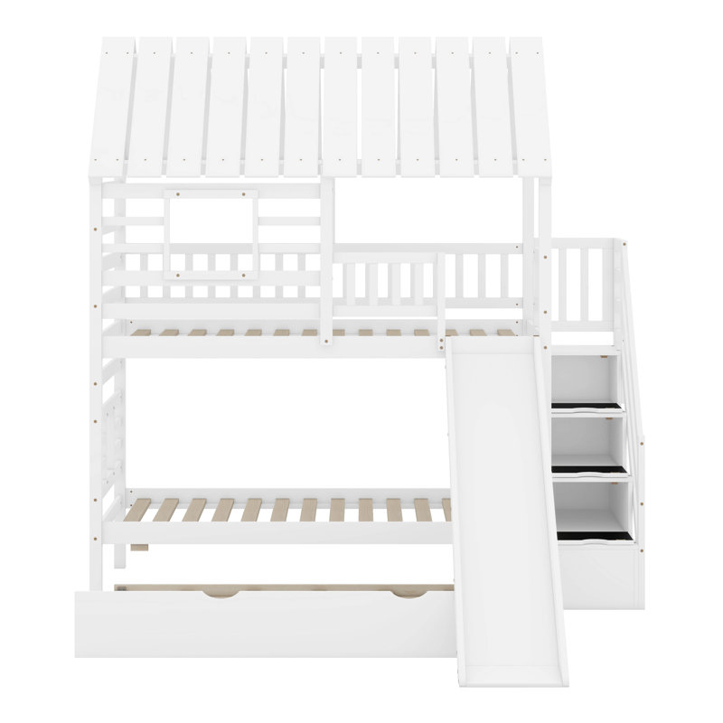 Lit superposé House avec escalier de rangement, lit gigogne et toboggan, Blanc