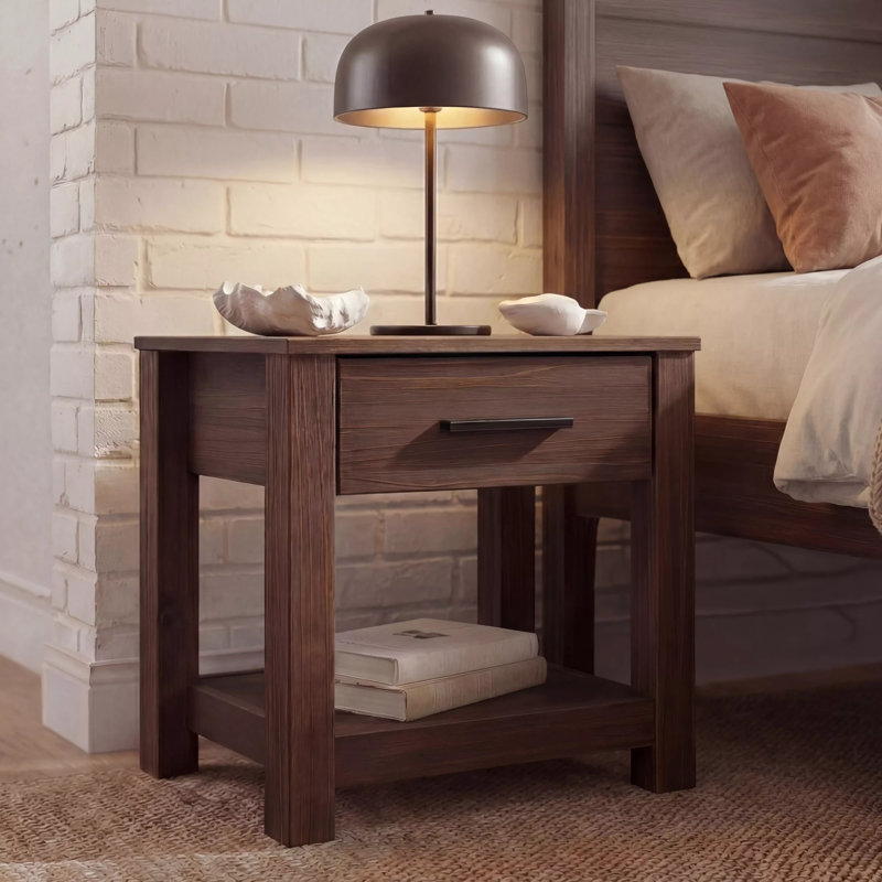 Loft 1 - Drawer Solid Wood Nightstand, Brushed Mocha