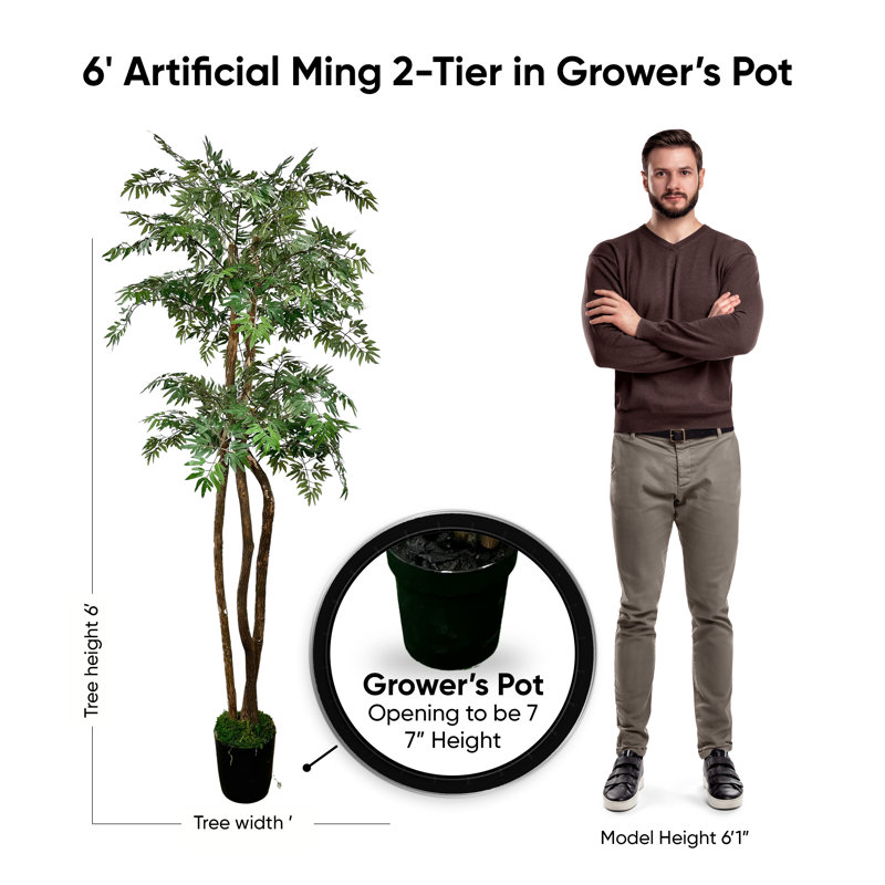Handmade Artificial 6' Ming 2-Tier Tree with Real Wood