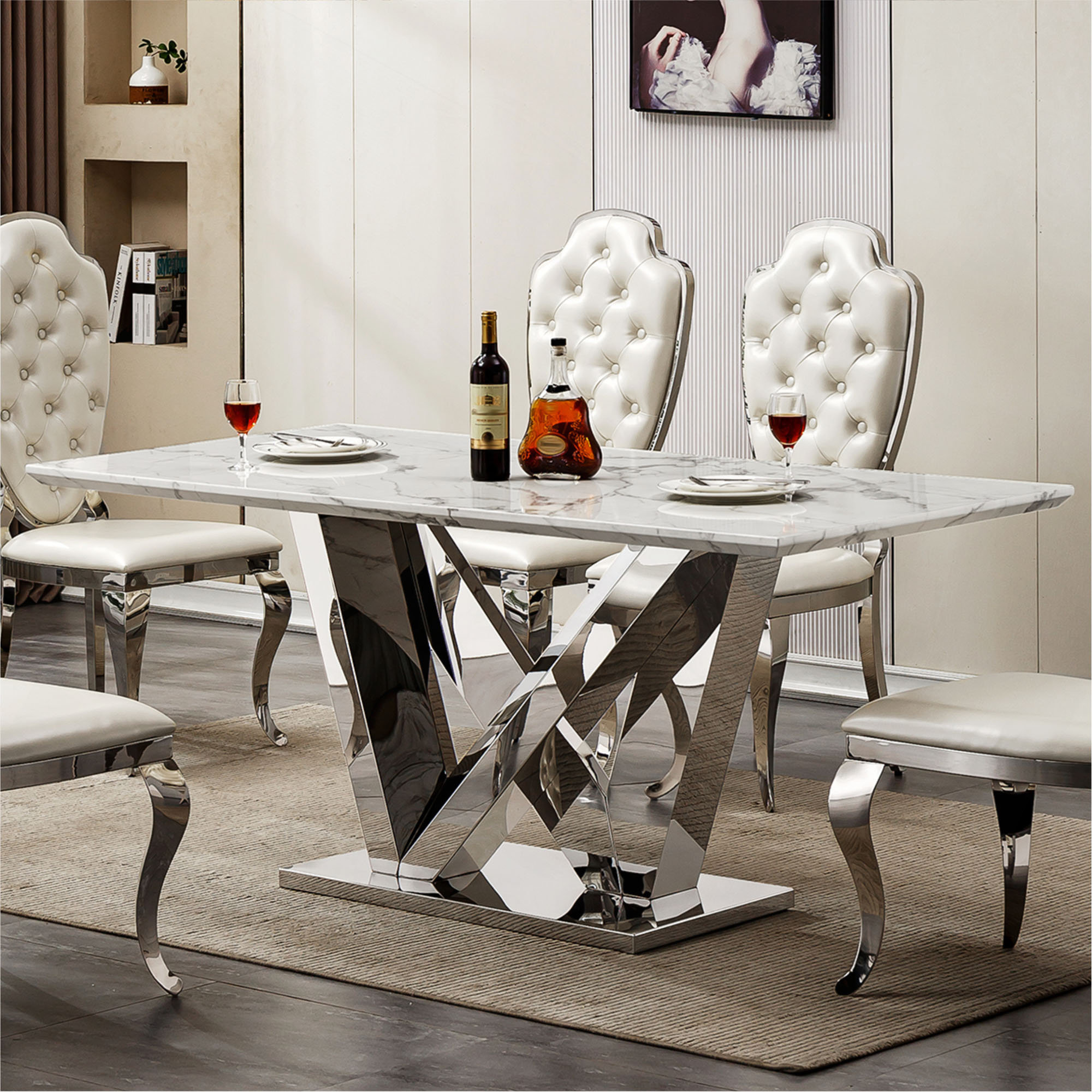 Everly Quinn Marble Dining Table For 6 People, 70'' Rectangle Faux ...