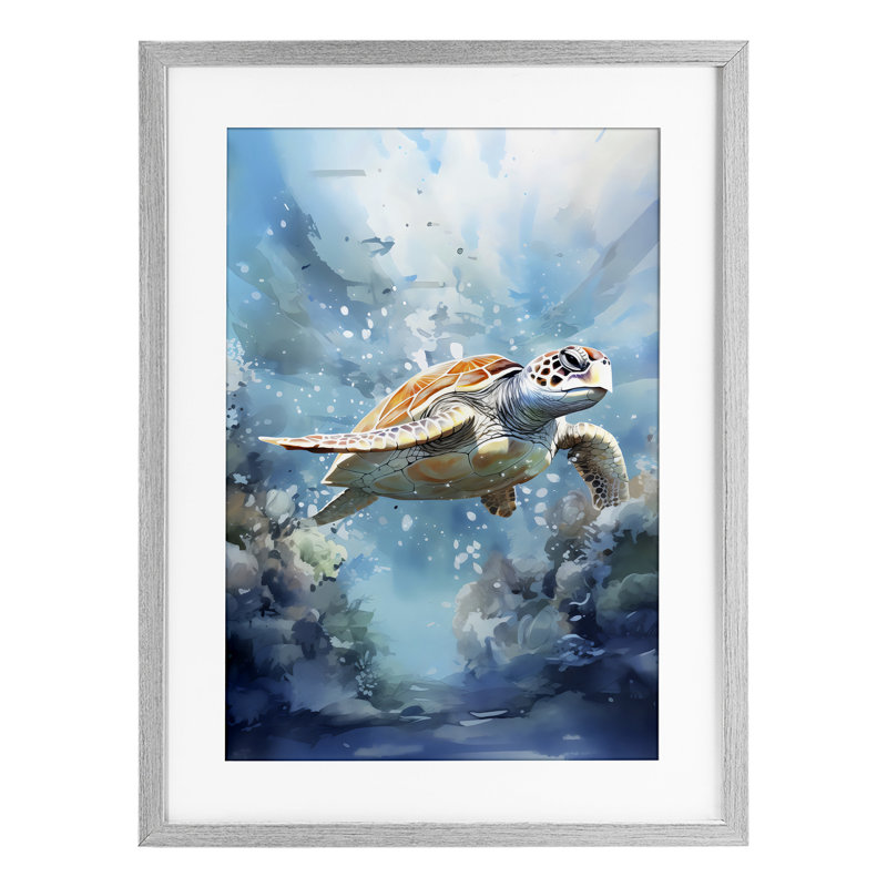 «Ocean Waves Turtle», reproduction sous verre encadrée par LSR Design Studio, H 20 po x l 14 po, Cadre de ferme gris