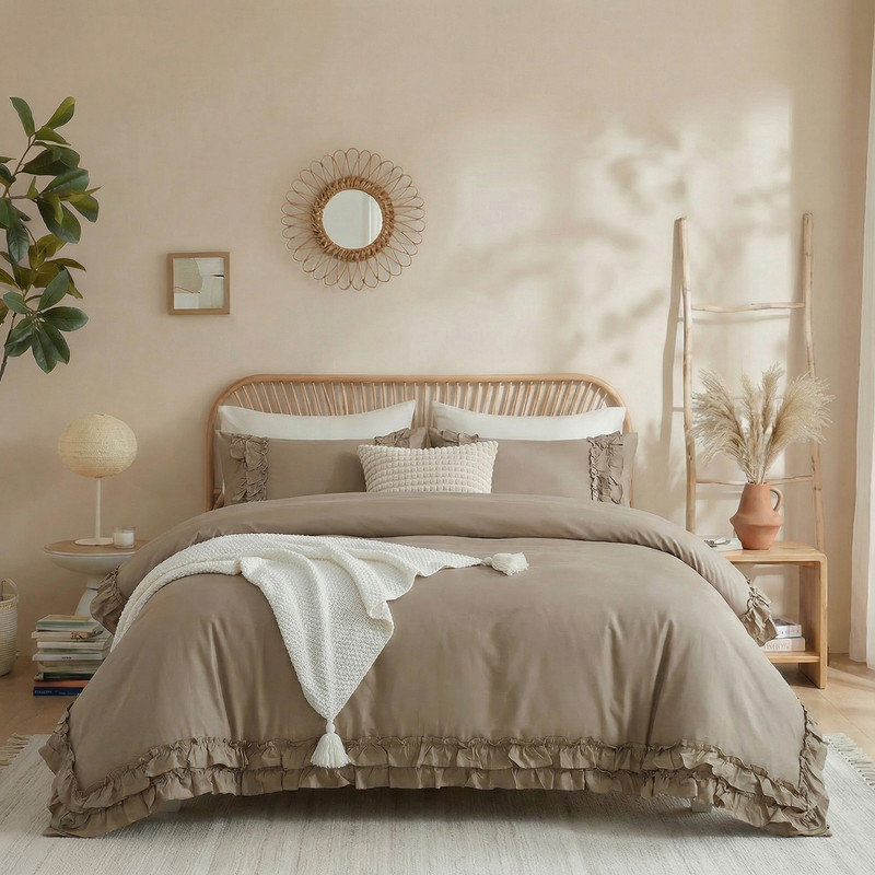 Ensemble d'édredon à volants 100% coton Taupe, Édredon grand et 2 taies d'oreiller, Taupe