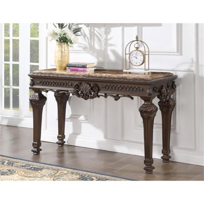 Console traditionnelle en bois massif avec plateau en marbre, table d'entrée de salon sculptée à la main