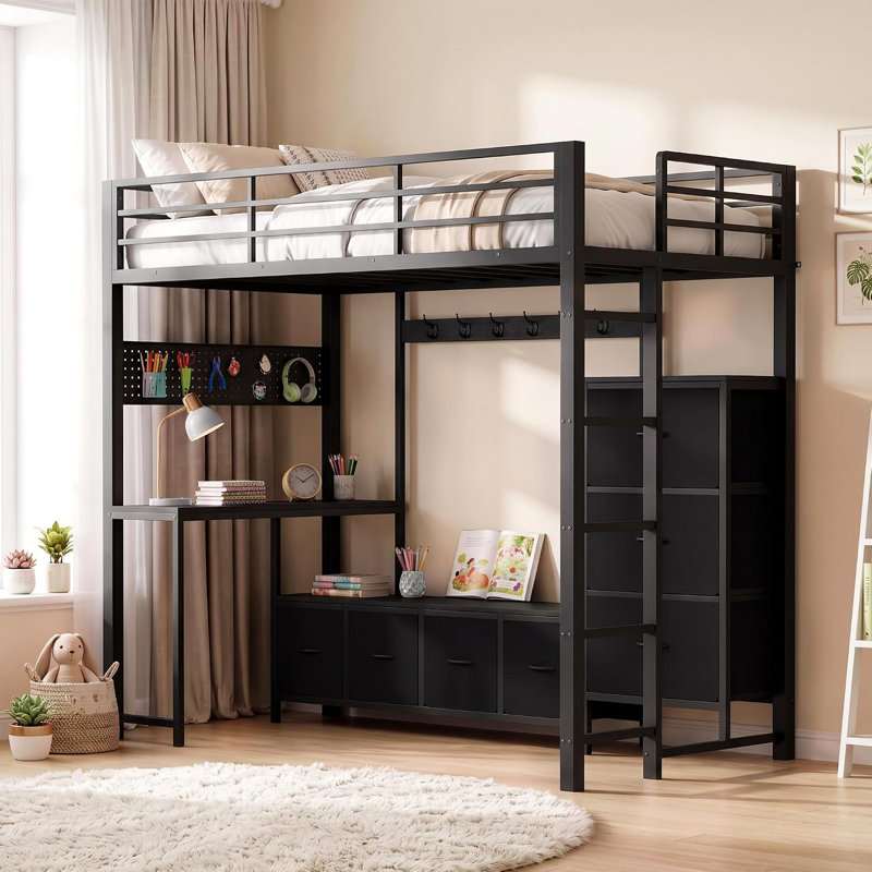 Lit mezzanine simple avec bureau et 7 tiroirs, structure en métal et bois, fini noir, Black