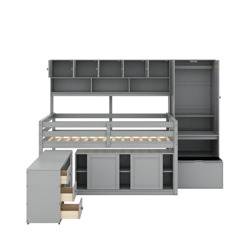 Lit mezzanine double en bois avec bureau, tiroirs et tablettes, Gris