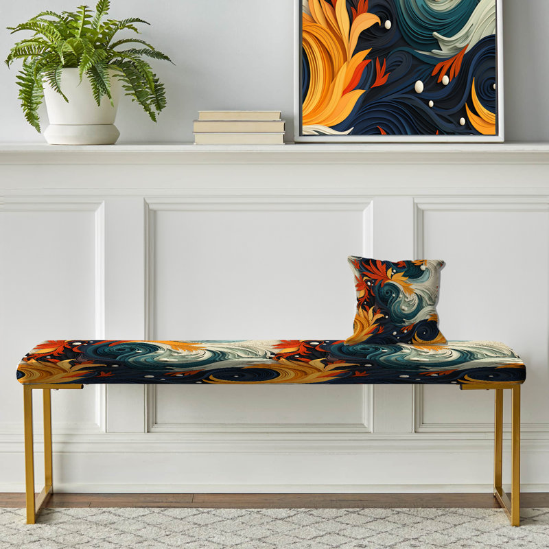 Abstract Upholstered Gold Bench, Teal And Yellow Harmony Within Chaos Foliage