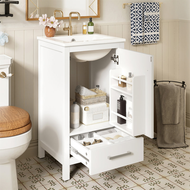 Meuble-lavabo moderne de 18 pouces avec lavabo en céramique, Blanc, 16"