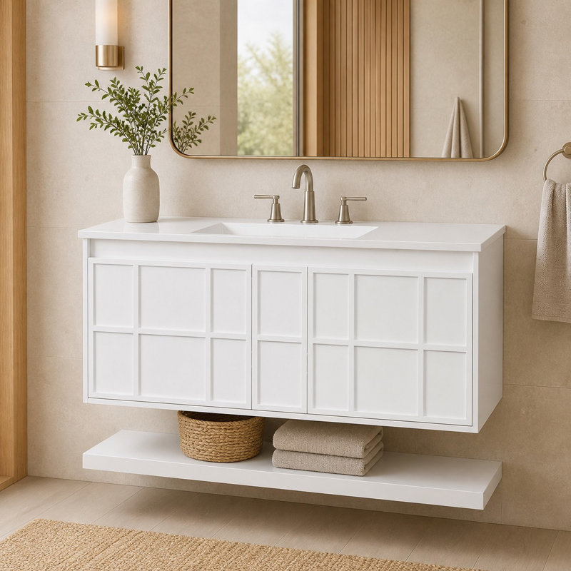 Meuble-lavabo mural blanc de 122 cm (48 po) avec comptoir en composite, deux grands tiroirs et tablette flottante