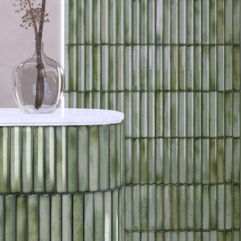 Sakura Fluted 4.5" x 9" Glossy Porcelain Wall Tile, Salvia