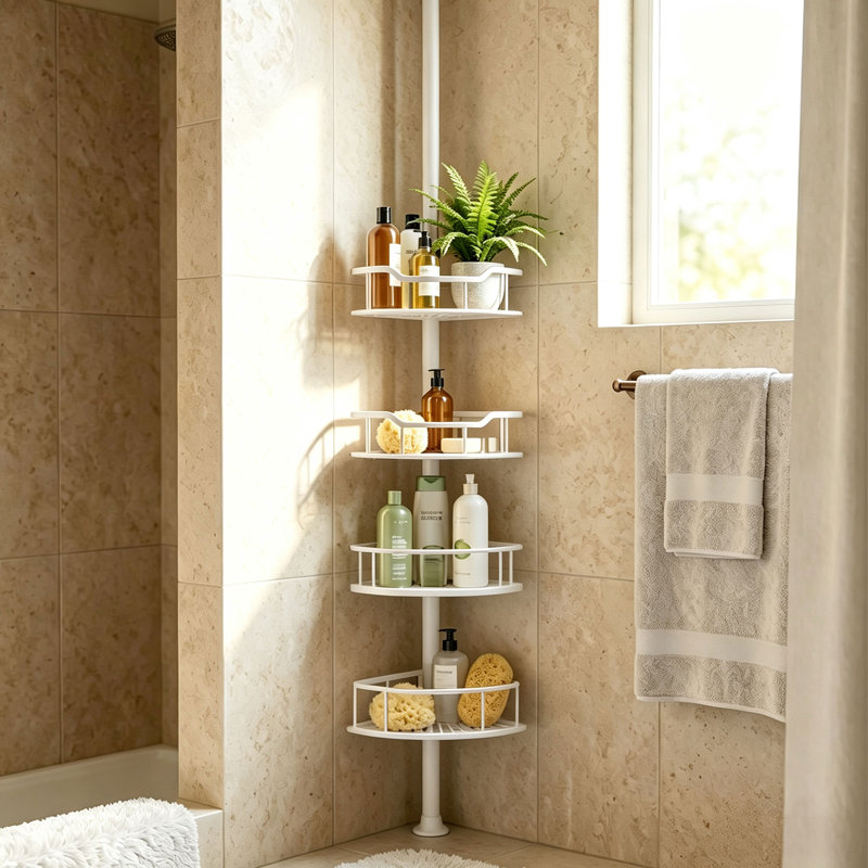 Étagère de douche d'angle réglable à 4 niveaux en acier inoxydable avec barre de tension, Blanc