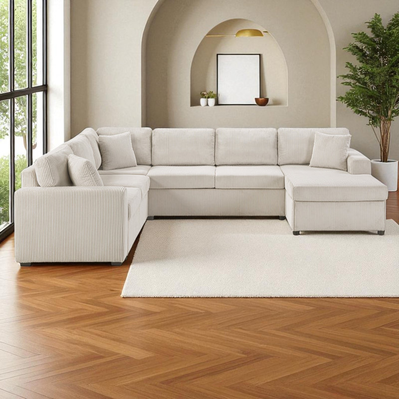 U-Shaped Sectional Sofa With Chaise, Light Gray Corduroy