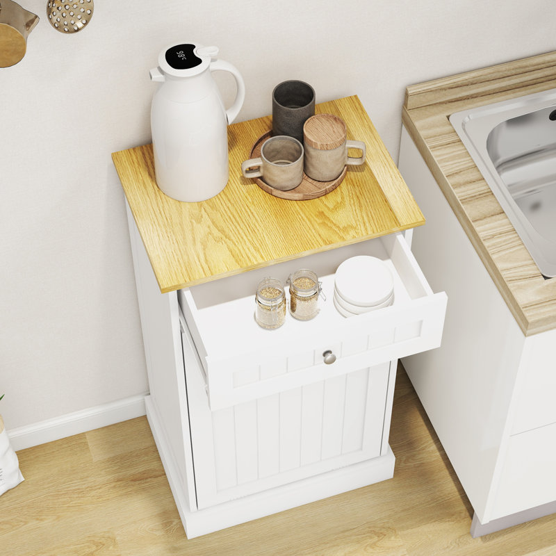 White Wooden 10 Gallon Pull-Out Trash Cabinet with Drawer