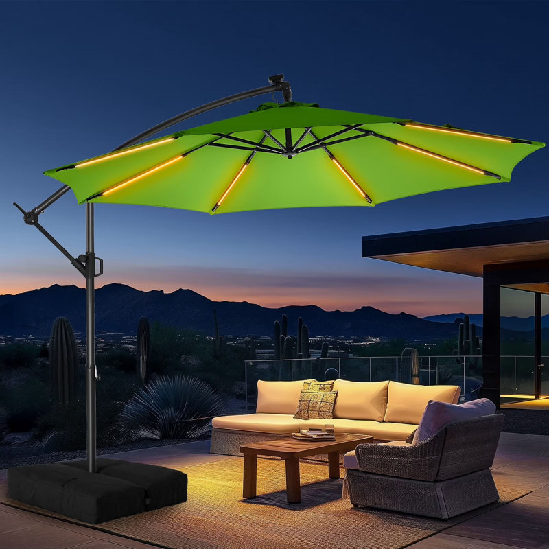 Parasol en porte-à-faux de 120 po, parasol de patio suspendu décalé de 10 pi avec 32 lumières DEL et inclinaison facile, abat-jour de parasol extérieur commercial pour la cour, la piscine, la plage et le jardin