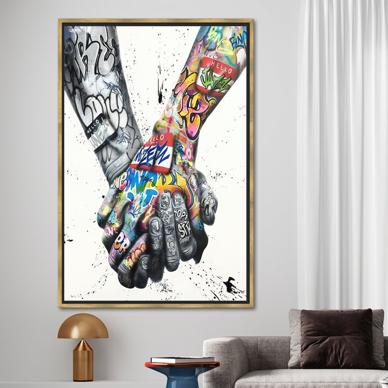 Art sur toile romantique de style graffiti avec un couple tenant la main pour la décoration murale, H 30 po x l 22 po, Doré
