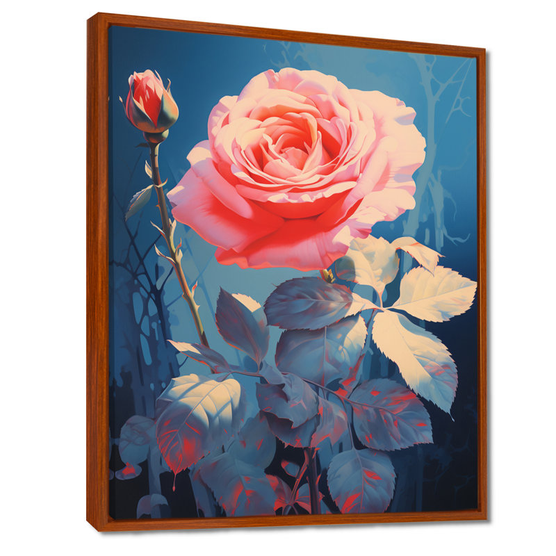 Rose rose au clair de lune rétro - art mural salon rose, Toile avec cadre flottant brun, H 32 po x l 24 po x P 1 po