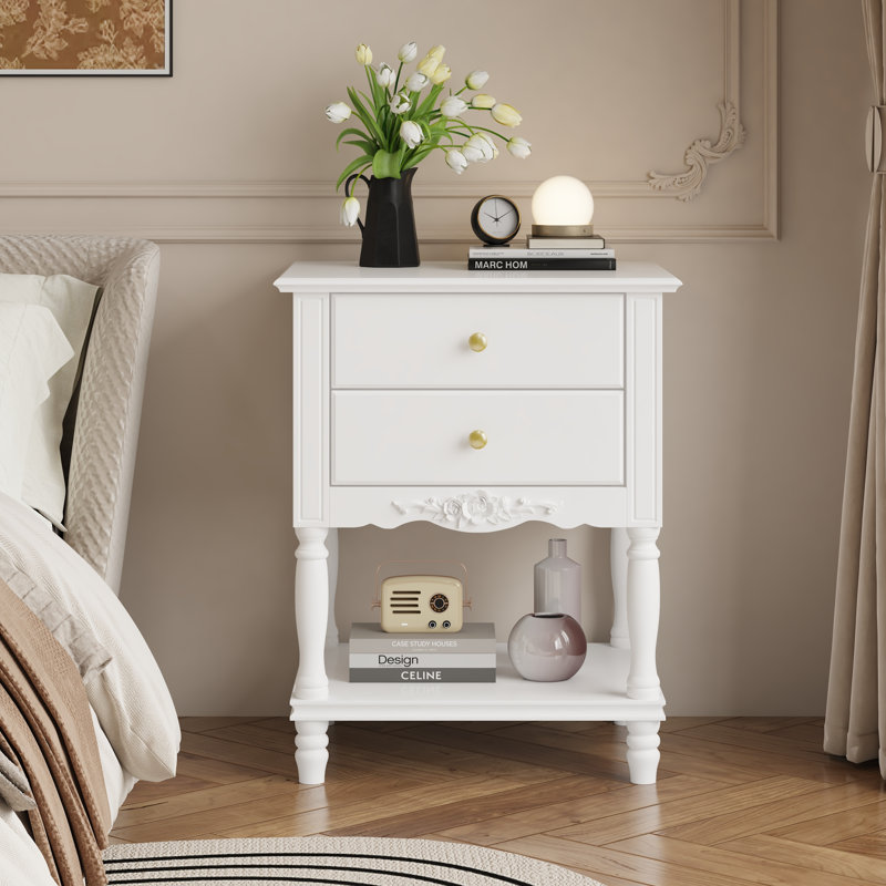 50cm French Vintage Nightstand with 2 Drawers & Shelf - White Floral Carved Bedside Table