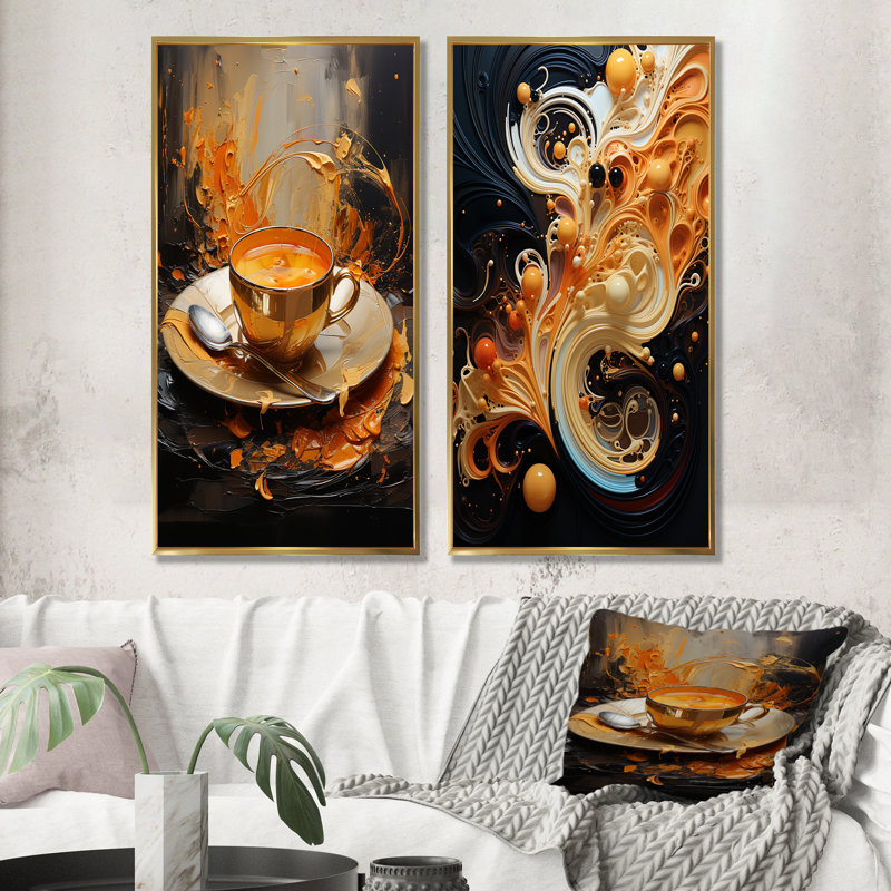 Abstrait «Aromes Coffee Dream» - ensemble de salon mural café et thé, Encadrement doré, H 40 po x l 41 po
