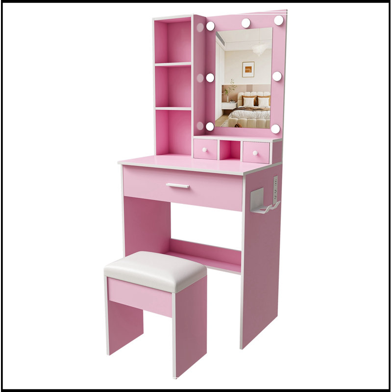 Table de coiffeuse avec miroir, lumières DEL réglables, prise de courant, support pour sèche-cheveux et tabouret, Pink