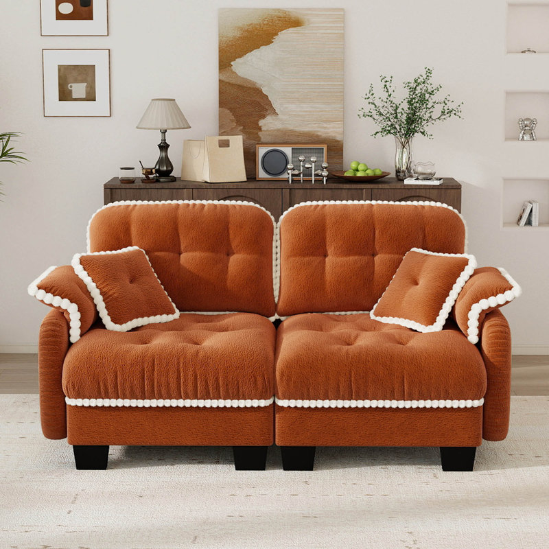 Canapé capitonné 70 po en chenille 70 po avec garniture pompon et 2 coussins décoratifs, 2, Orange