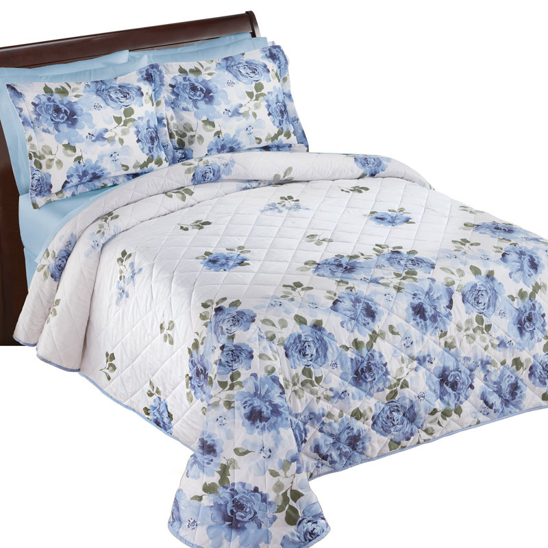 Full Blue Cotton Floral Design Quilted Bedspread Set