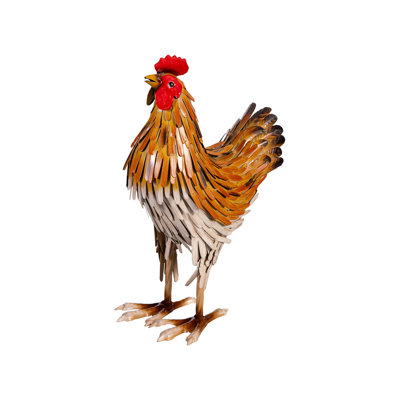 Metal Hen Statue with Brown Feather Garden Statue, 14in