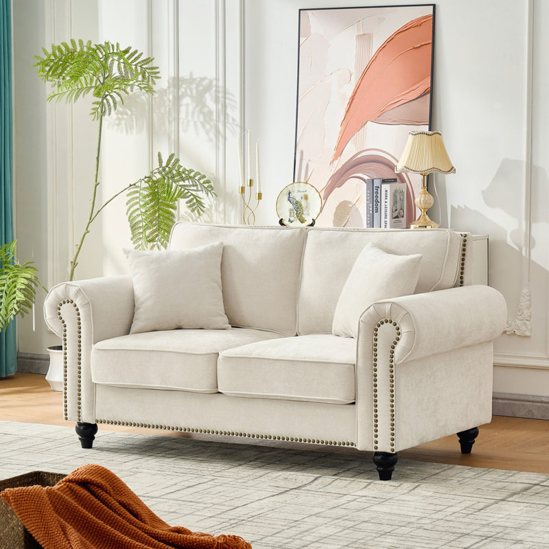 Chenille Sofa with Rolled Arms,Wood Legs and Nailhead Trim, 33.5" H x 63.75" W x 34.5" D, 2, Beige
