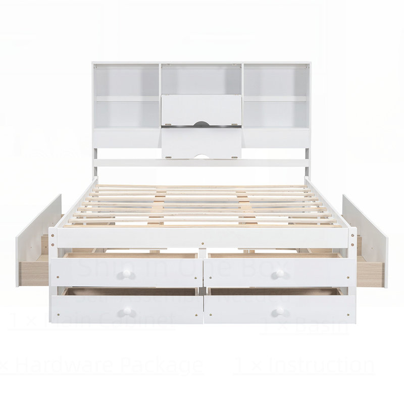 Lit plateforme en bois de pin robuste avec tête de lit avec rangement et 8 tiroirs, pour une vie organisée et confortable.