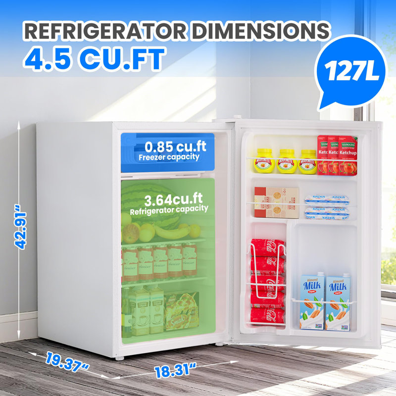 4,5 cu. Pi. Mini réfrigérateur avec congélateur, réfrigérateur compact, porte réversible, 7 réglages de température, blanc