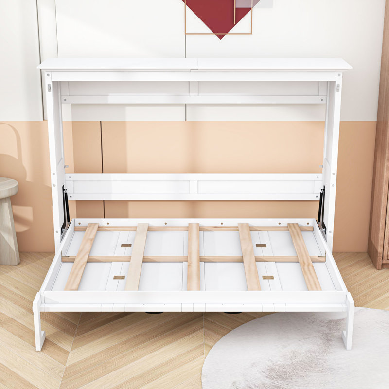 Lit escamotable double en bois avec lattes, Blanc