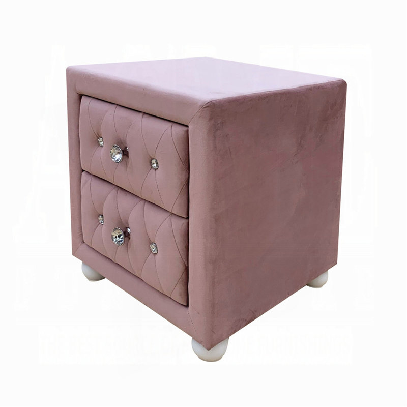 Magnifique table de chevet rembourrée en tissu rose avec deux tiroirs de rangement, Rose