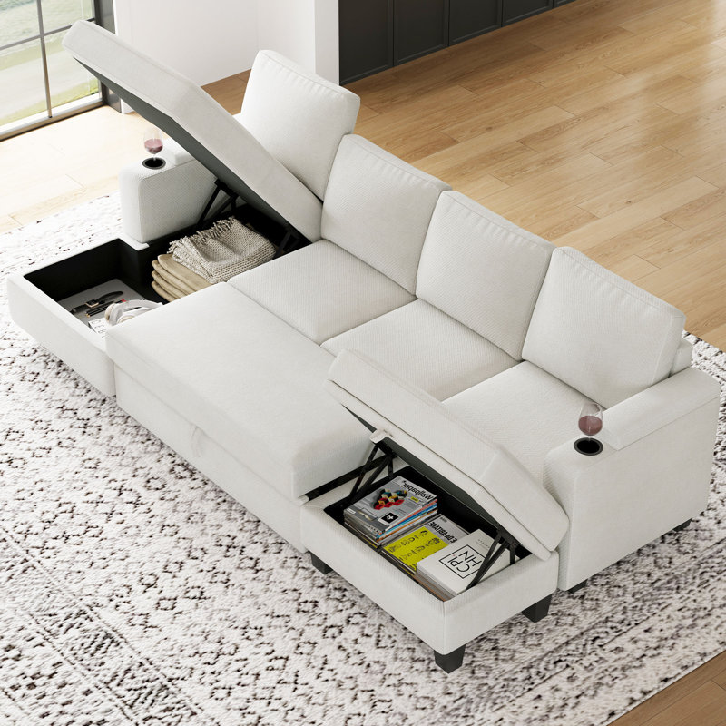 Anjana Chenille Storage Sofa Modular Sectional Sofa Bed With Removable Cushion Cover, Beige Chenille