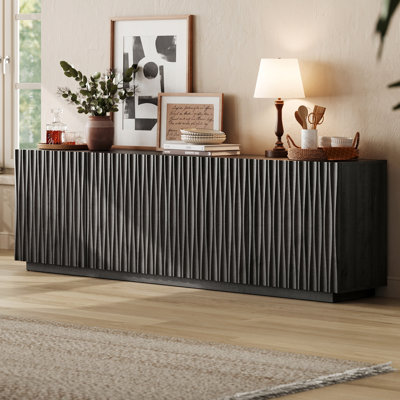 Buffet 70 po style Mid-Century cannelé moderne avec tablettes réglables, console de télévision, rangement décoratif pour le salon, la salle à manger, le vestibule, noir 
