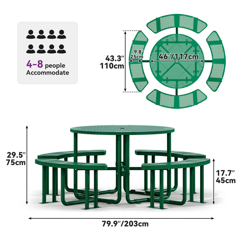 Outdoor Round Metal Picnic Table Dining Set, Green