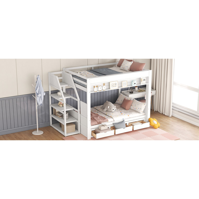 Lit superposé blanc avec accessoires de rangement: escalier, table, 3 tiroirs - configuration convertible robuste et peu encombrante Options: robuste - choix de l'utilisateur