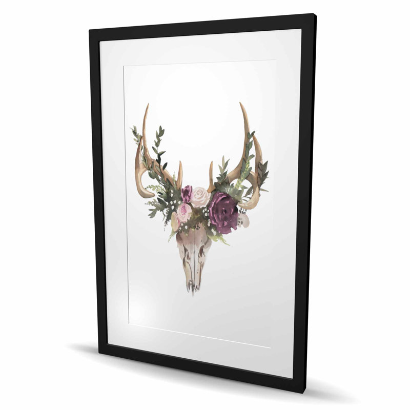 Crâne de cerf avec fleurs - impression florale brune encadrée